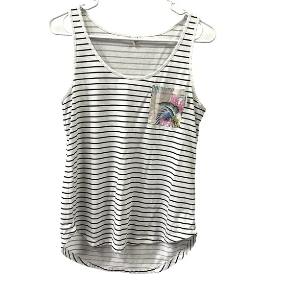 Rip Curl White and Black Striped Tank Top with Tropical Pocket Womens Small - Picture 7 of 10